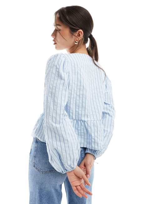 Pieces tie front peplum hem poplin top in blue stripe | ASOS
