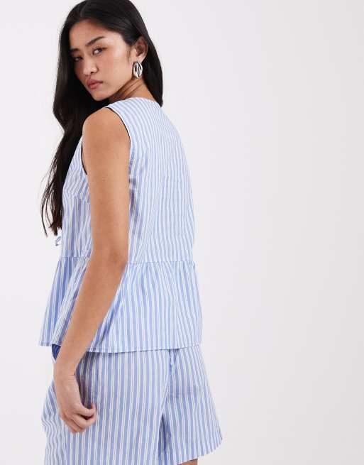 Pieces tie front peplum hem top co-ord in blue and white stripe, 4 of 4