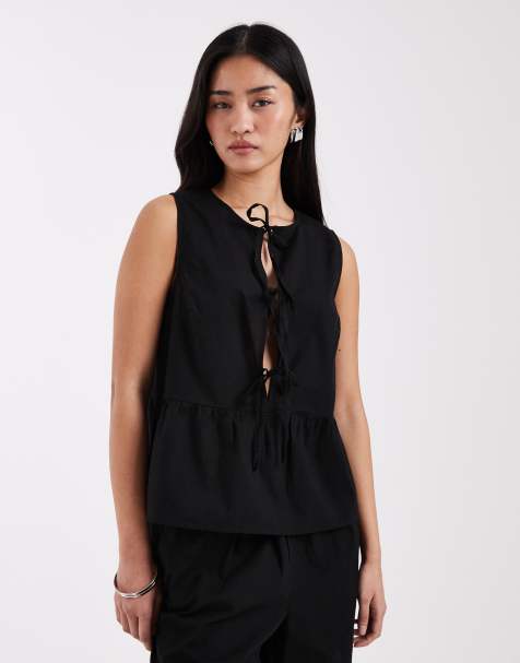 PIECES tie front peplum hem top in black - part of a set - view 1