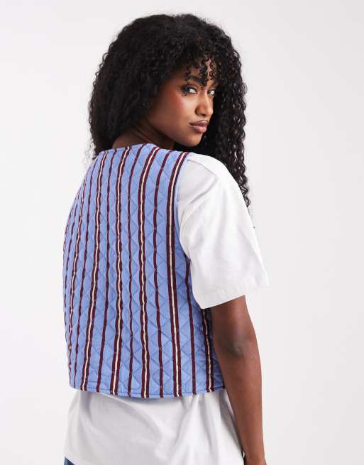 Pieces tie front quilted gilet in blue and burgundy stripe