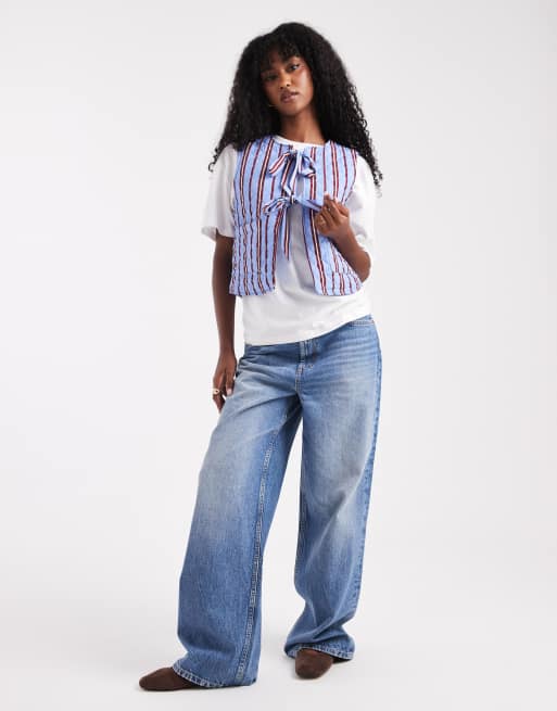 Pieces tie front quilted gilet in blue and burgundy stripe