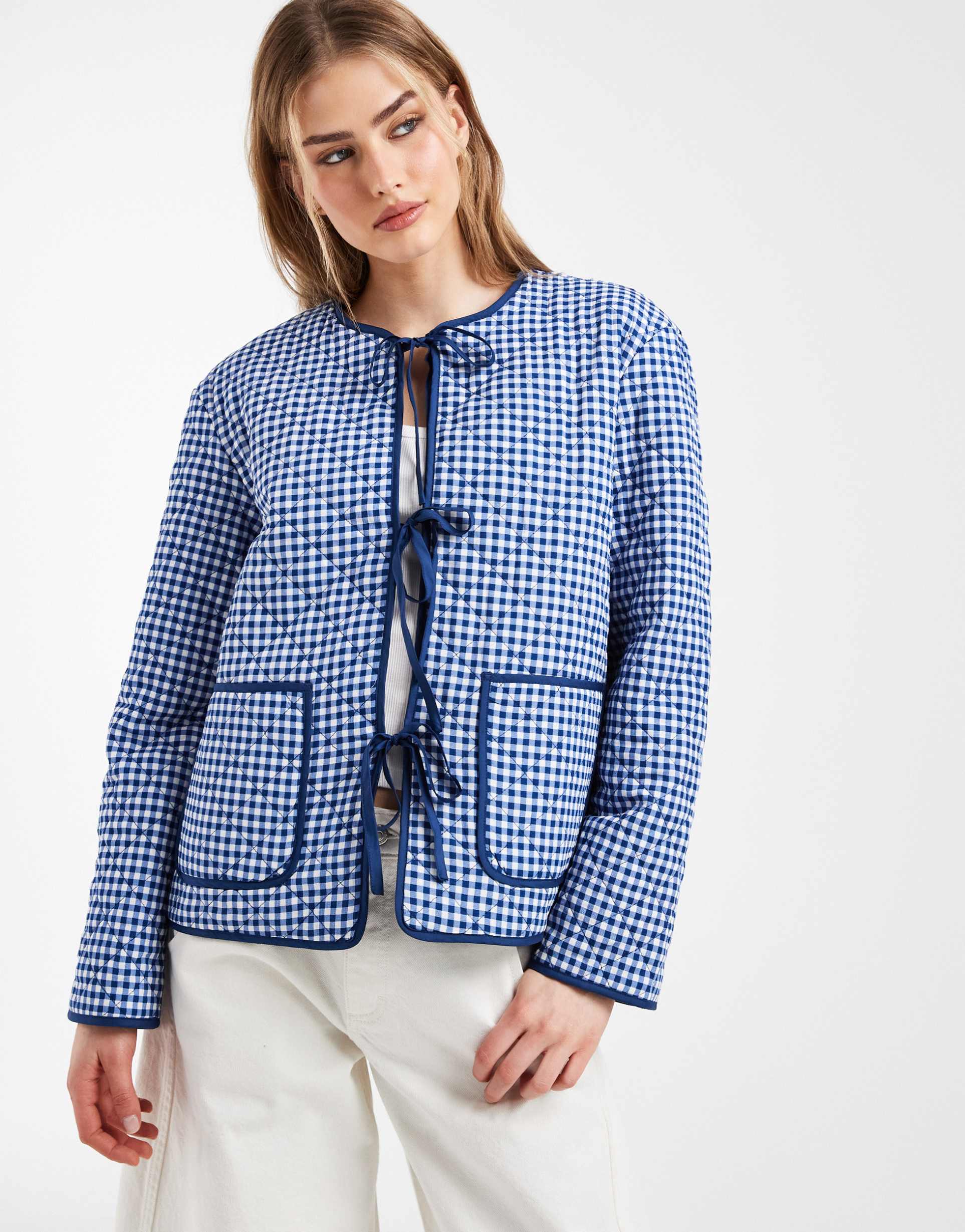 pieces tie front quilted jacket in blue and white gingham