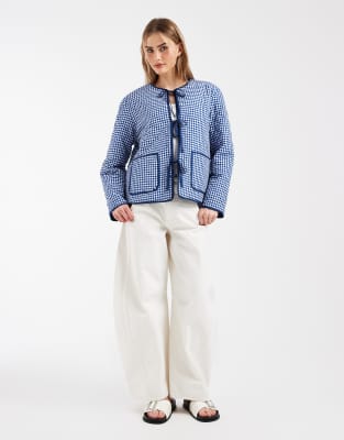 Pieces Tie Front Quilted Jacket In Blue