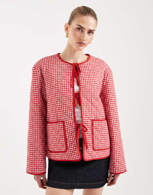 Pieces tie front quilted jacket in red and white gingham