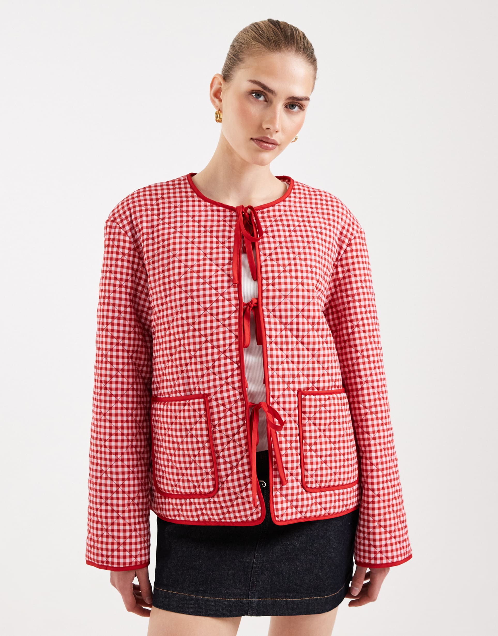 pieces tie front quilted jacket in red and white gingham