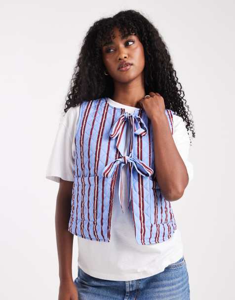 Pieces tie front quilted vest in blue and burgundy stripes - view 1