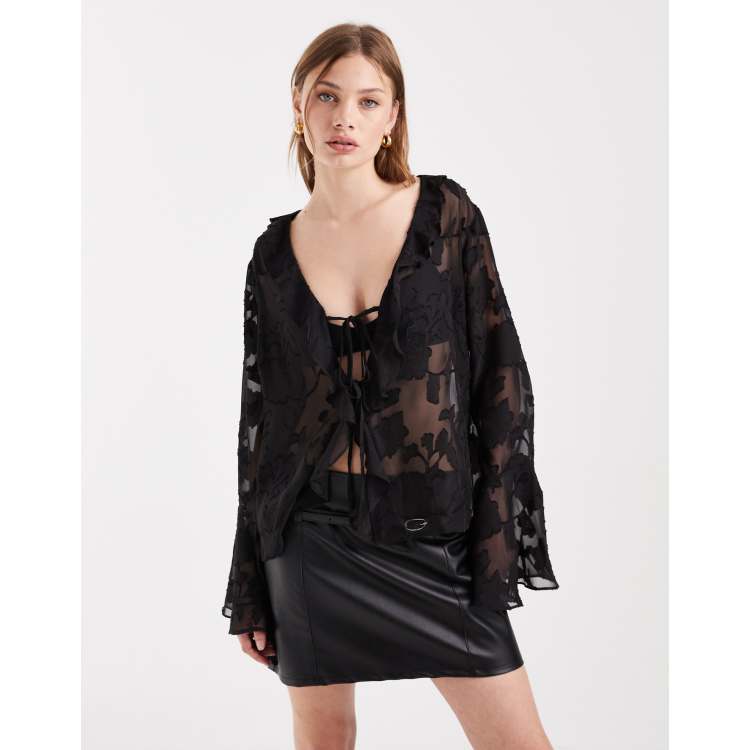 Pieces tie front sheer floral top in black | ASOS