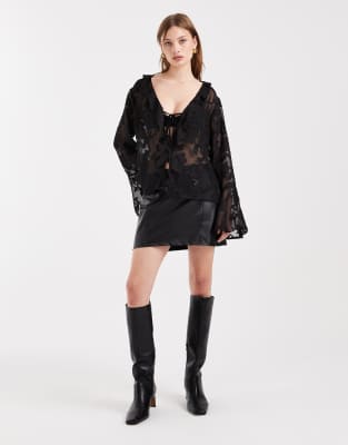 Pieces Tie Front Sheer Floral Top In Black