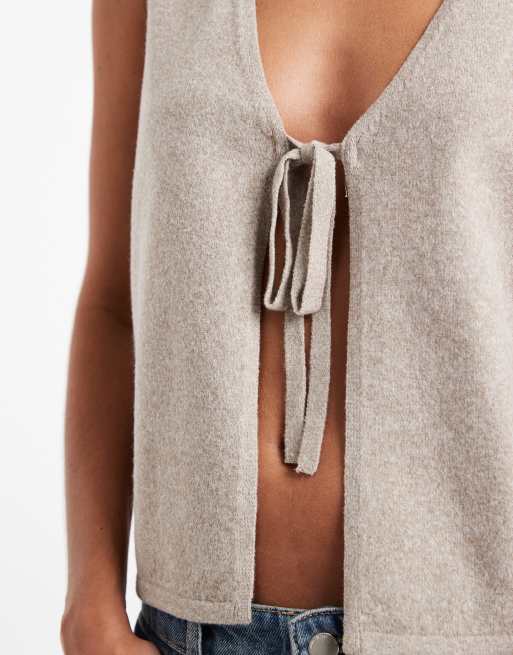 Pieces tie front sleeveless knit top in heathered beige, 2 of 4
