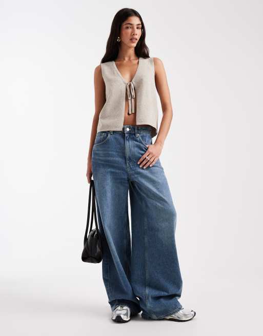 Pieces tie front sleeveless knitted top in beige melange, 4 of 4