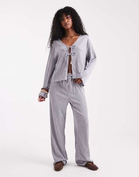 Pieces tie front textured top and wide leg pants set in pale grey - view 1