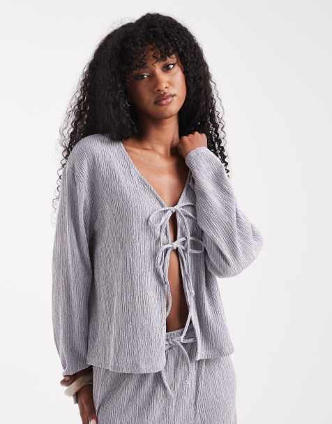 PIECES tie front textured top in pale gray - part of a set - view 1