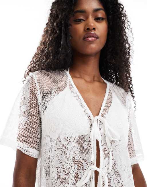 Pieces tie front western cardigan with fringe hem in cream | ASOS