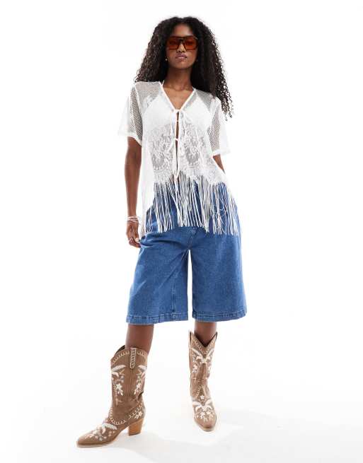 Pieces tie front western cardigan with fringe hem in cream | ASOS