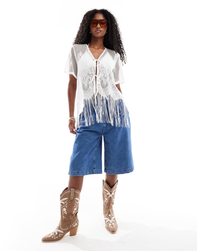 【CLANE】FRINGE HALF SLEEVE CARDIGAN Pieces tie front western cardigan with fringe hem in cream | ASOS