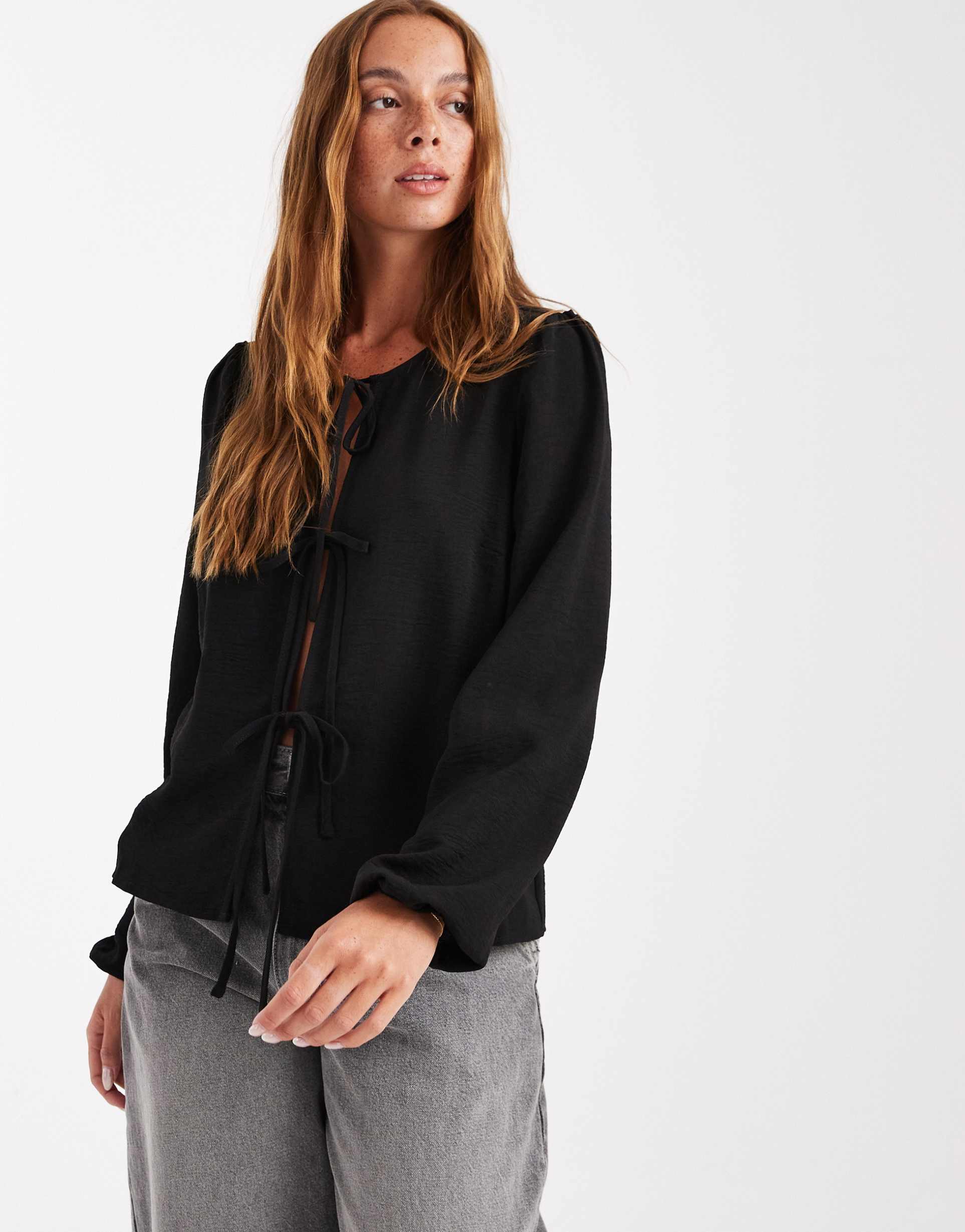 pieces tie front woven blouse in black