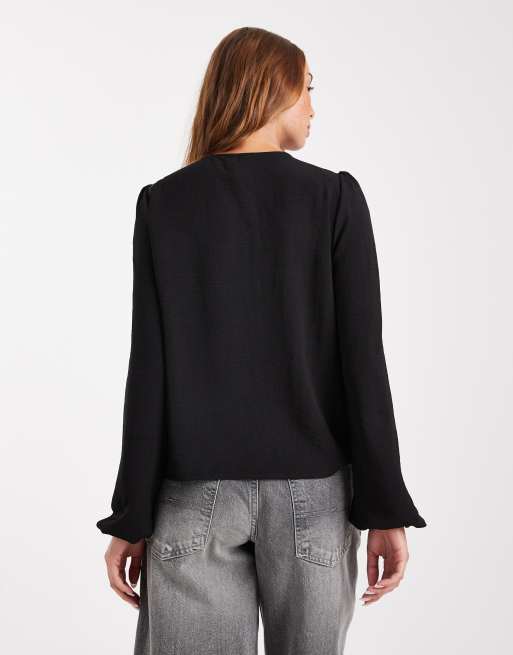 Pieces tie front woven blouse in black, 4 of 4