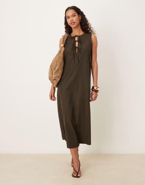 Pieces tie front woven midi dress in chocolate brown - view 1