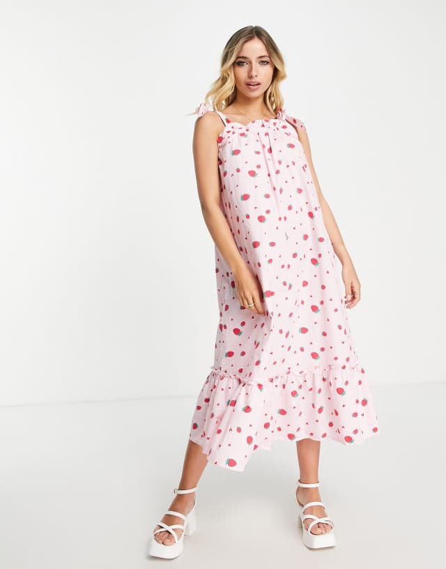 Pieces tie shoulder midi smock dress in pink strawberry print