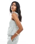 [Pieces] Pieces tie shoulder peplum hem cami top in green and white stripe (part of a set)-Multi L Cloud Dancer