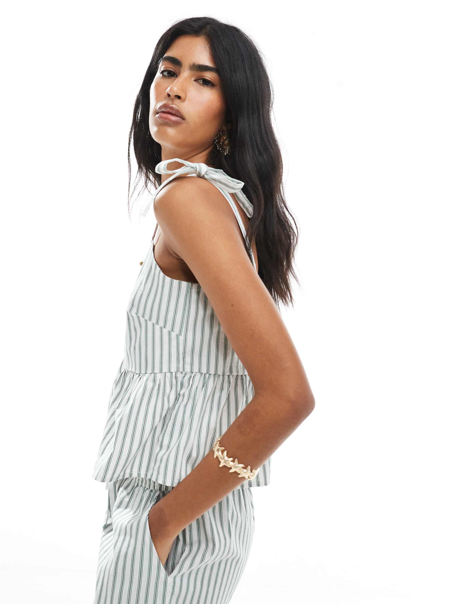 pieces tie shoulder peplum hem cami top in green and white stripe - part of a set