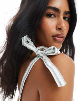 Pieces tie shoulder peplum hem cami top in green and white stripe - part of a set