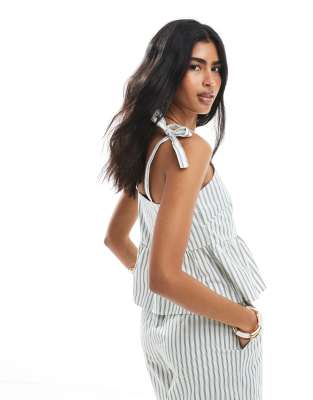 Pieces tie shoulder peplum hem cami top in green and white stripe - part of a set