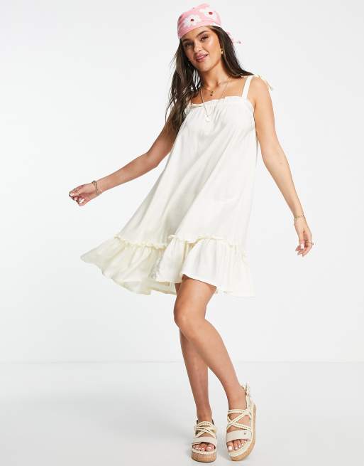 Pieces tie shoulder smock mini beach dress in cream | ASOS