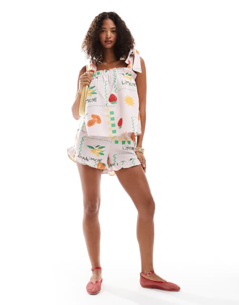 Pieces tie shoulder smock top and high waisted shorts set in pale pink based fruit print - view 1