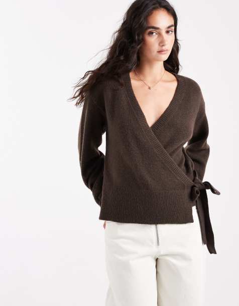Pieces tie side knit sweater in chocolate brown - view 1