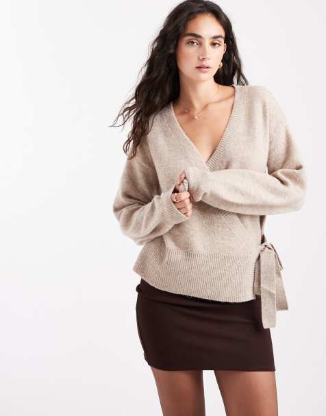 Pieces tie side knit sweater in taupe melange - view 1