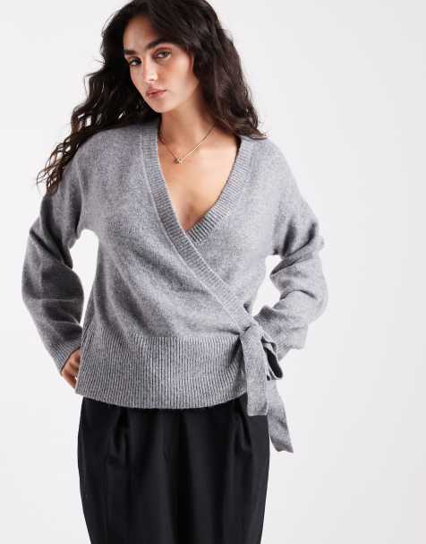 Pieces tie side knitted jumper in medium grey melange