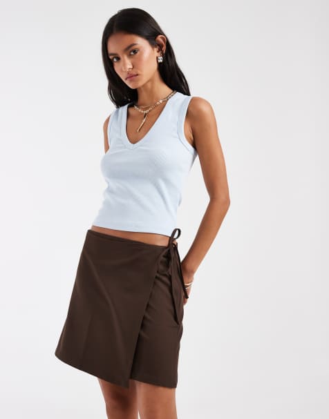 PIECES tie side woven mini skirt in chocolate brown - view 1
