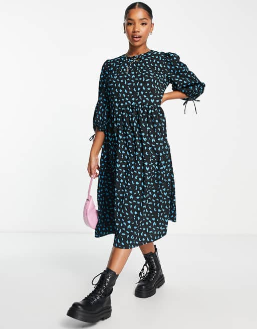 Pieces tie sleeve detail midi dress in black spot print