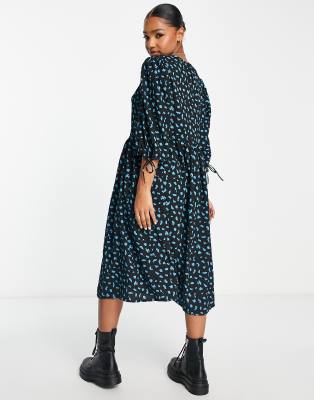 Pieces tie sleeve detail midi dress in black spot print