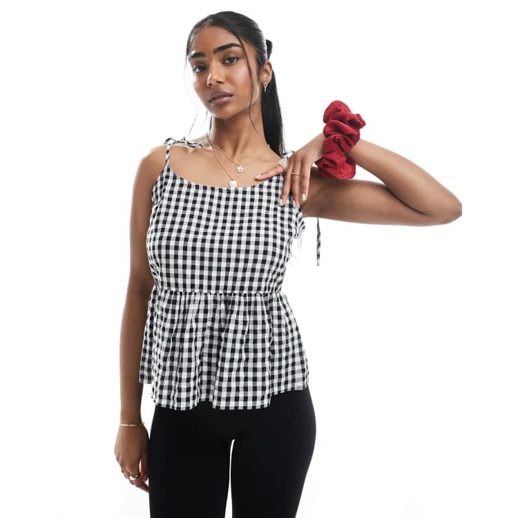 Pieces tie strap detail cami top in black gingham print | ASOS