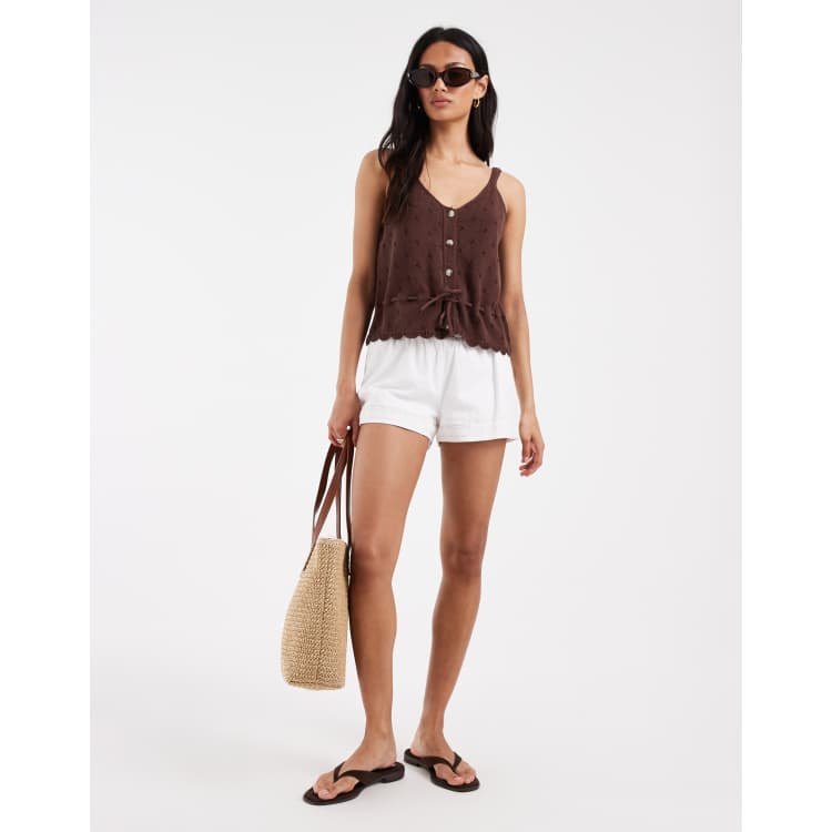 PIECES tie waist broderie knit cami top in coffee brown | ASOS
