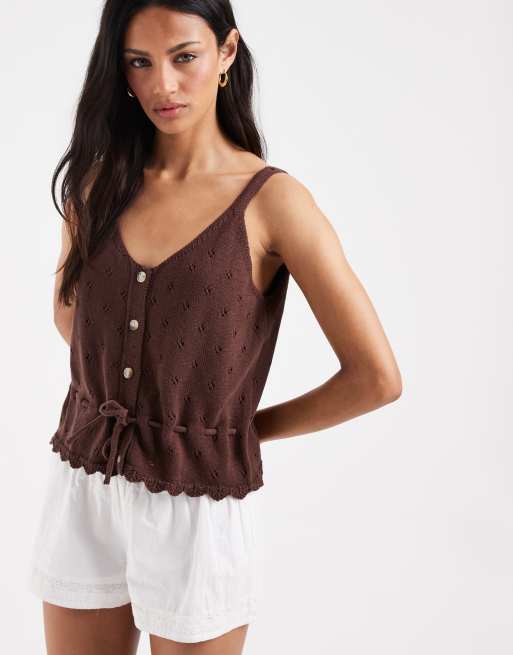 PIECES tie waist broderie knit cami top in coffee brown, 2 of 4