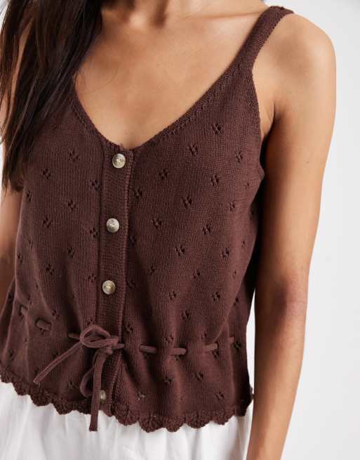 PIECES tie waist broderie knit cami top in coffee brown, 3 of 4