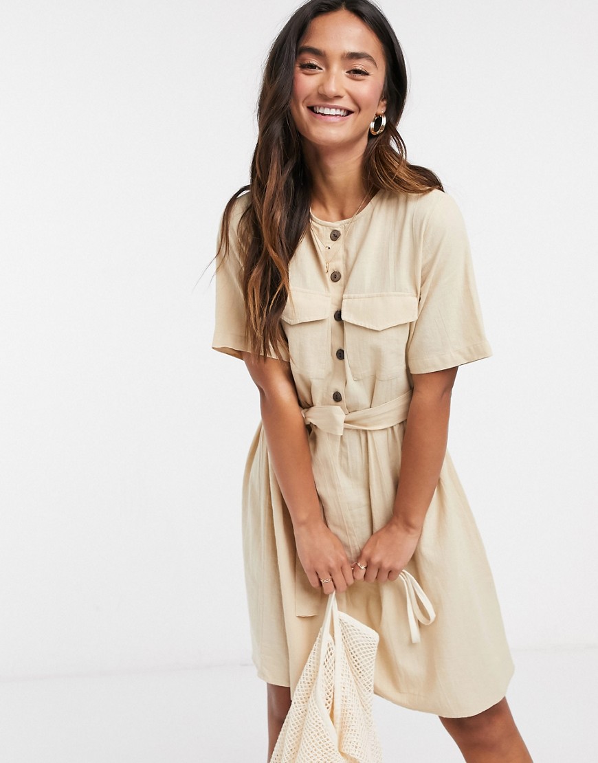 Pieces tie waist button detail mini dress with short sleeves in beige-Neutral