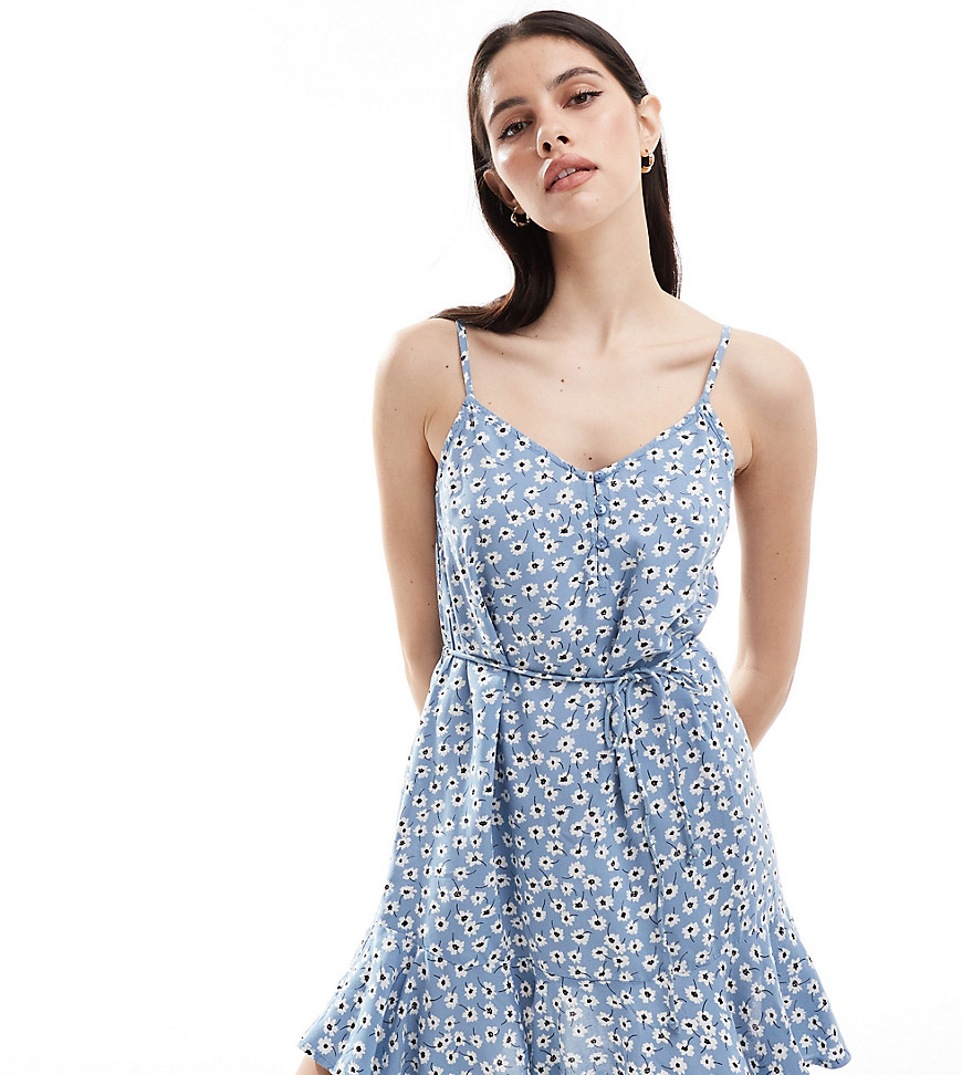 Pieces tie waist cami mini dress in blue ditsy floral
