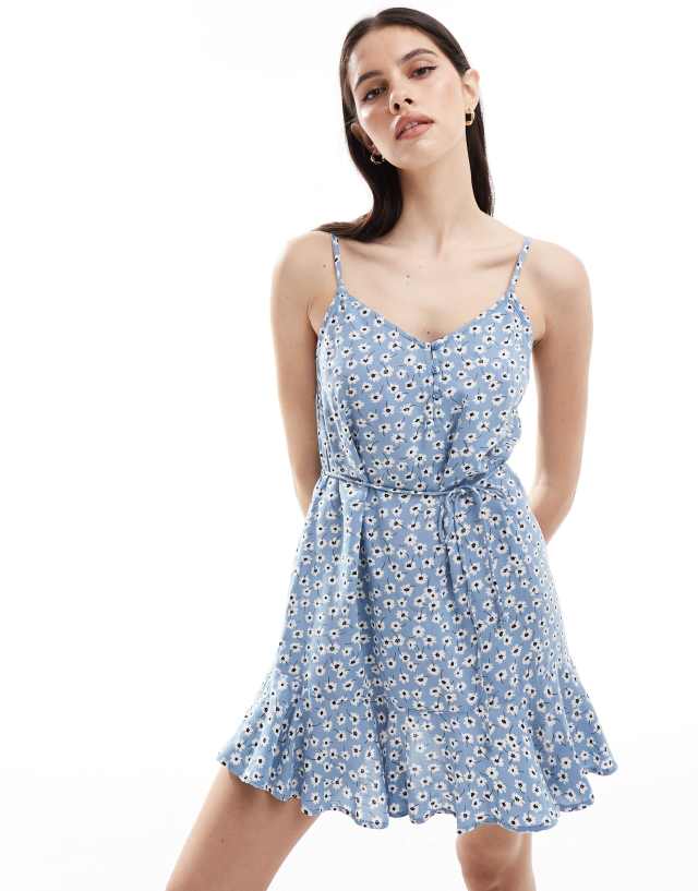 Pieces - tie waist cami mini dress in blue ditsy floral