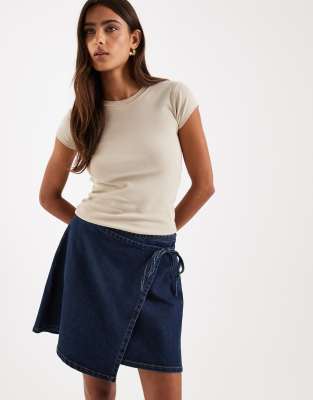 Pieces Tie Waist Denim Mini Skirt In Blue