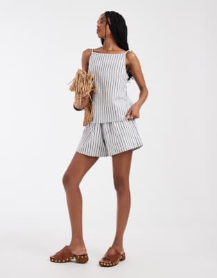 Pieces tie waist denim shorts co-ord in light blue and brown stripe