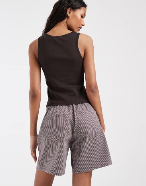 PIECES tie waist denim shorts in brown and white stripes, 5 of 5