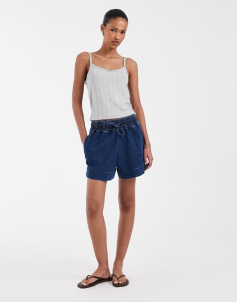 Pieces tie waist denim shorts in dark blue denim - view 1