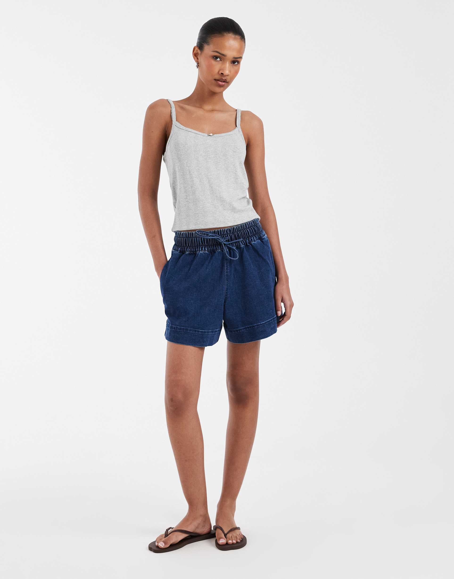 pieces tie waist denim shorts in dark blue denim