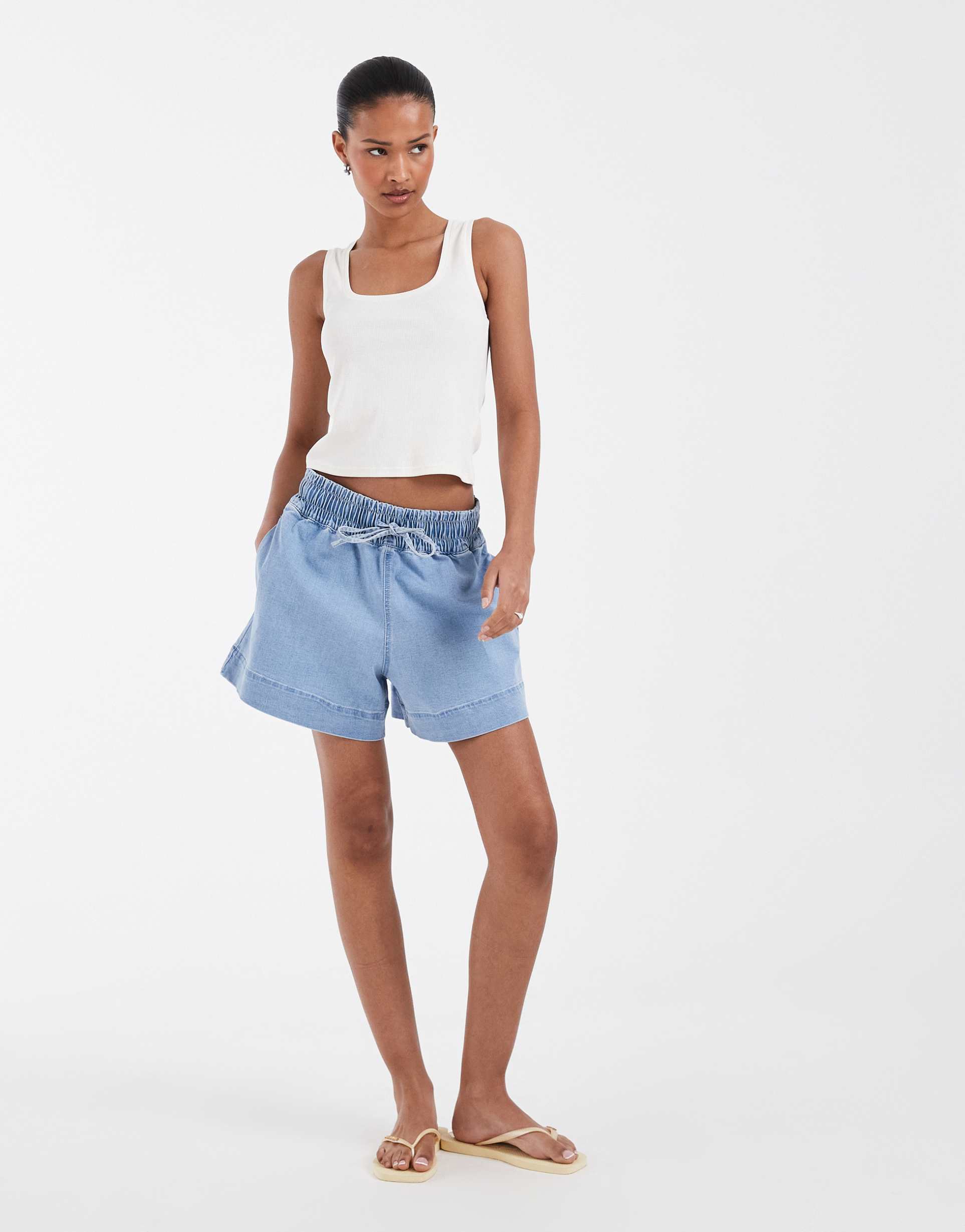 pieces tie waist denim shorts in light blue denim