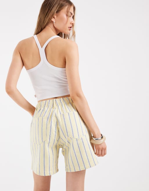 Pieces tie waist denim shorts in yellow and blue stripe, 5 of 5