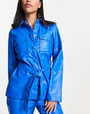 Pieces tie waist faux leather shirt co-ord in royal blue